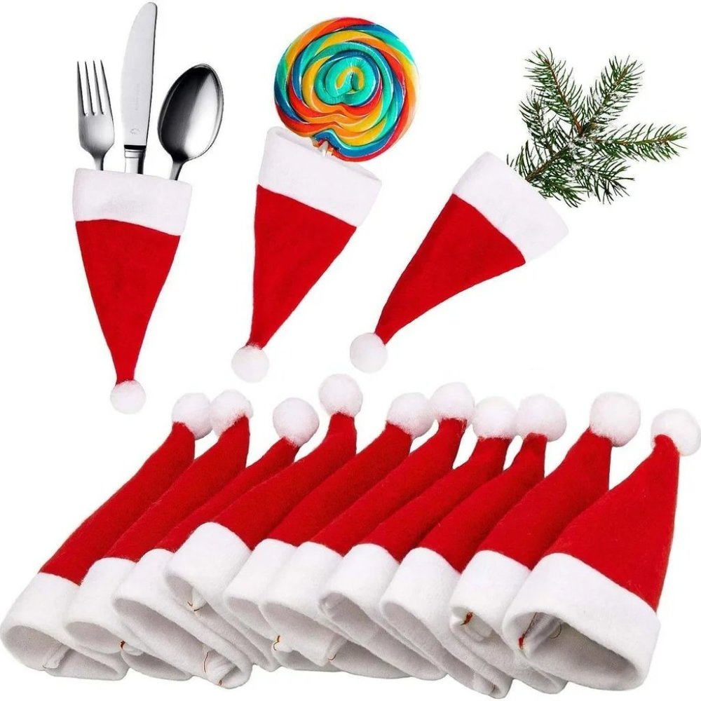 NEW Set Of 10-Pieces Christmas Hat Bottle Cutlery Holders